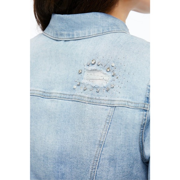 Women's Denim Jacket Size L Rhinestones Lace Sleeves Trendy Short Orly NWT - Picture 3 of 4